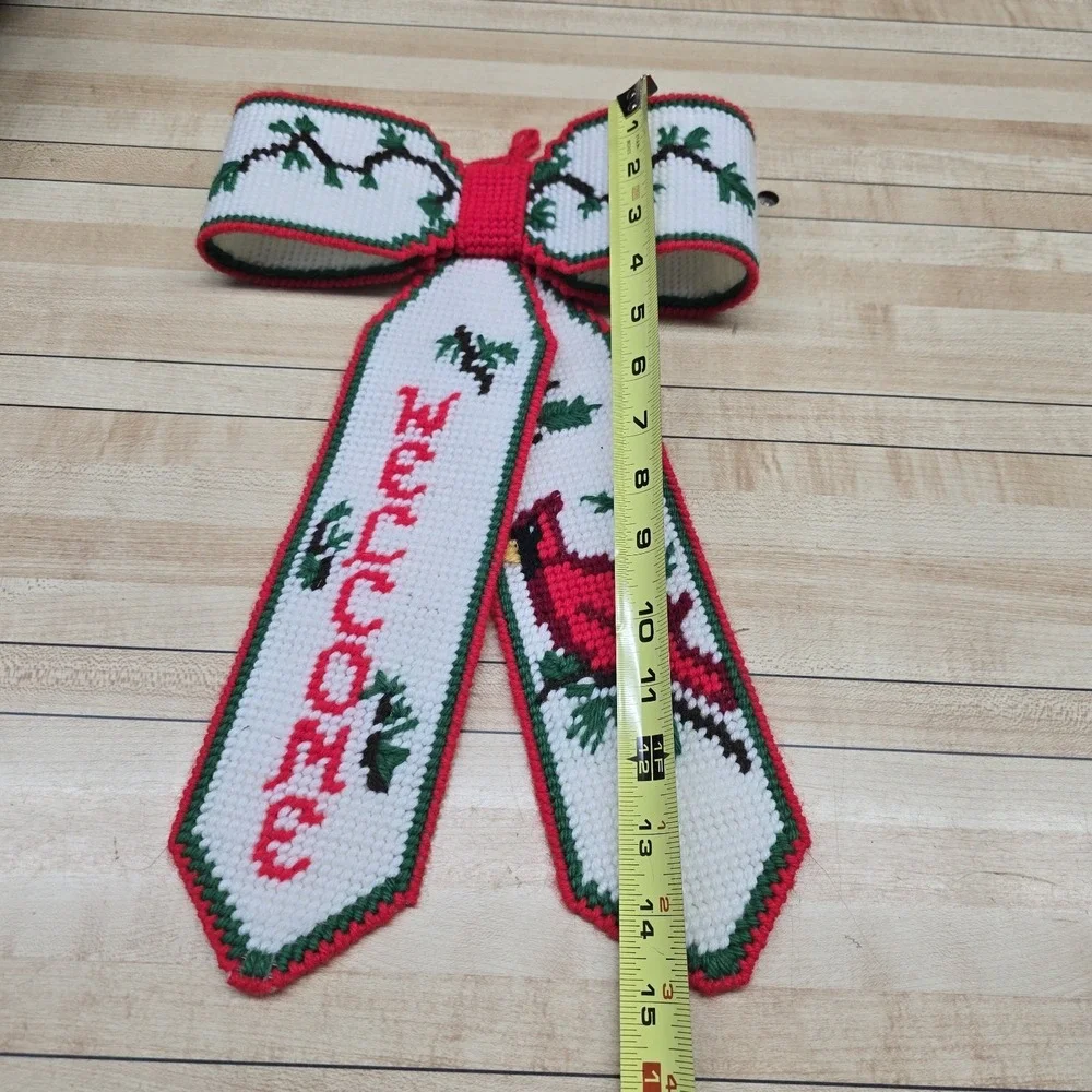 Crosstitch Holiday Bowtie Ornament Red Green Cardinal Christmas Plastic Canvas